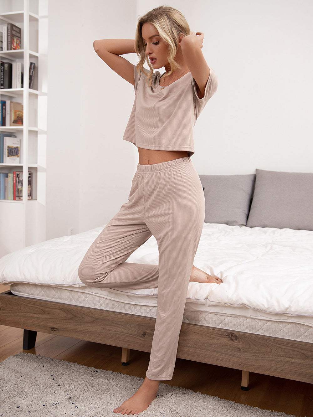 Round Neck Short Sleeve Top and Pants Lounge Set Cream Loungewear Sets - Tophatter Daily Deals