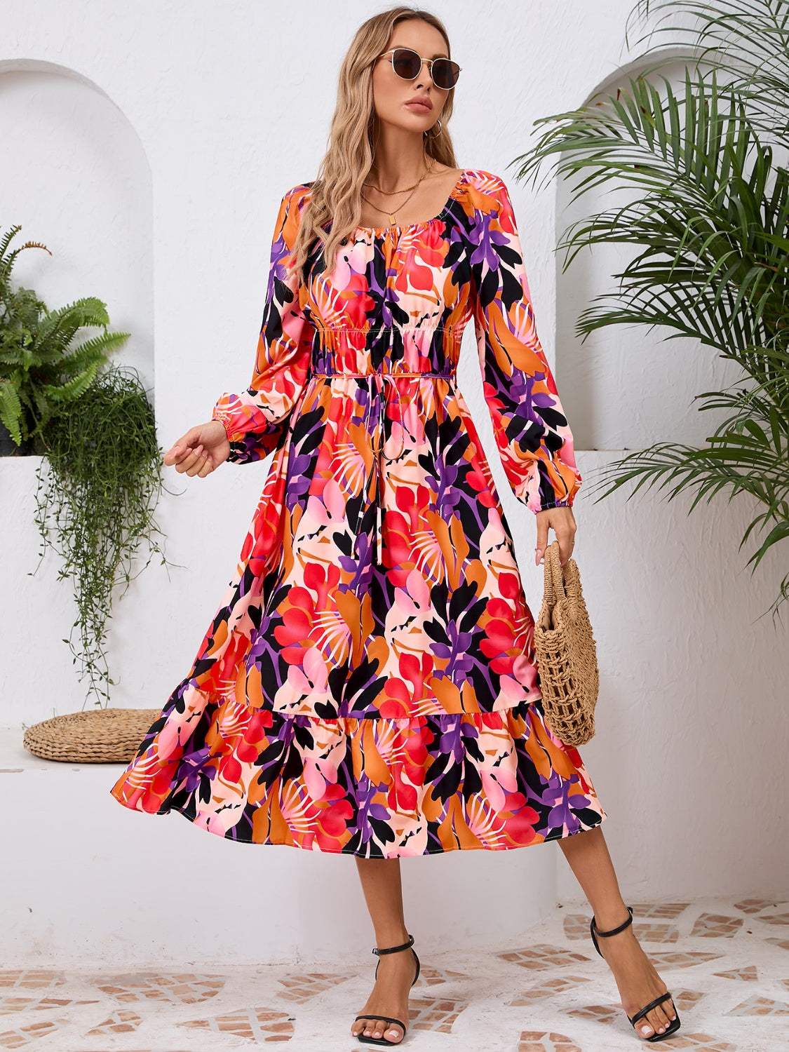 Printed Long Sleeve Midi Dress Casual Dresses - Tophatter Daily Deals