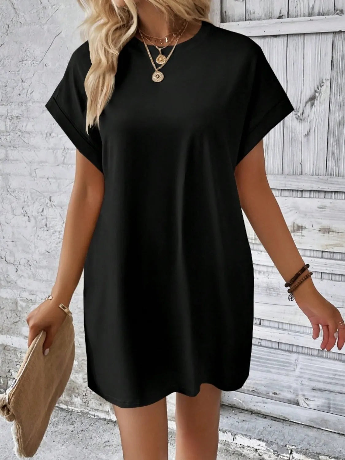 Pocketed Round Neck Short Sleeve Dress Casual Dresses - Tophatter Daily Deals