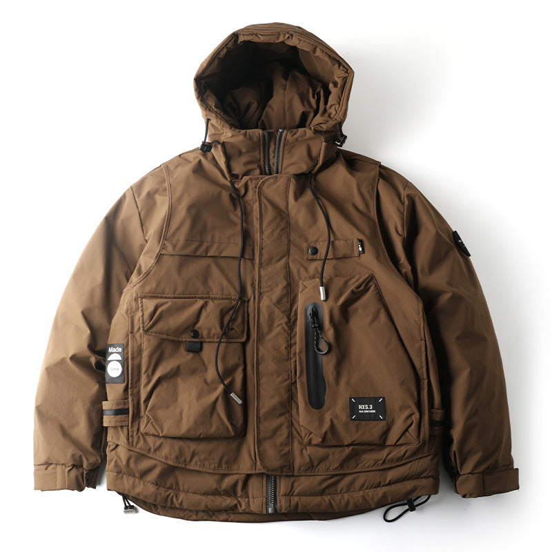 Warm Men's Down Jacket - Loose Multi Pocket, Corduroy Coffee Color 3D Changing Face Moving Picture Frame - Tophatter Daily Deals