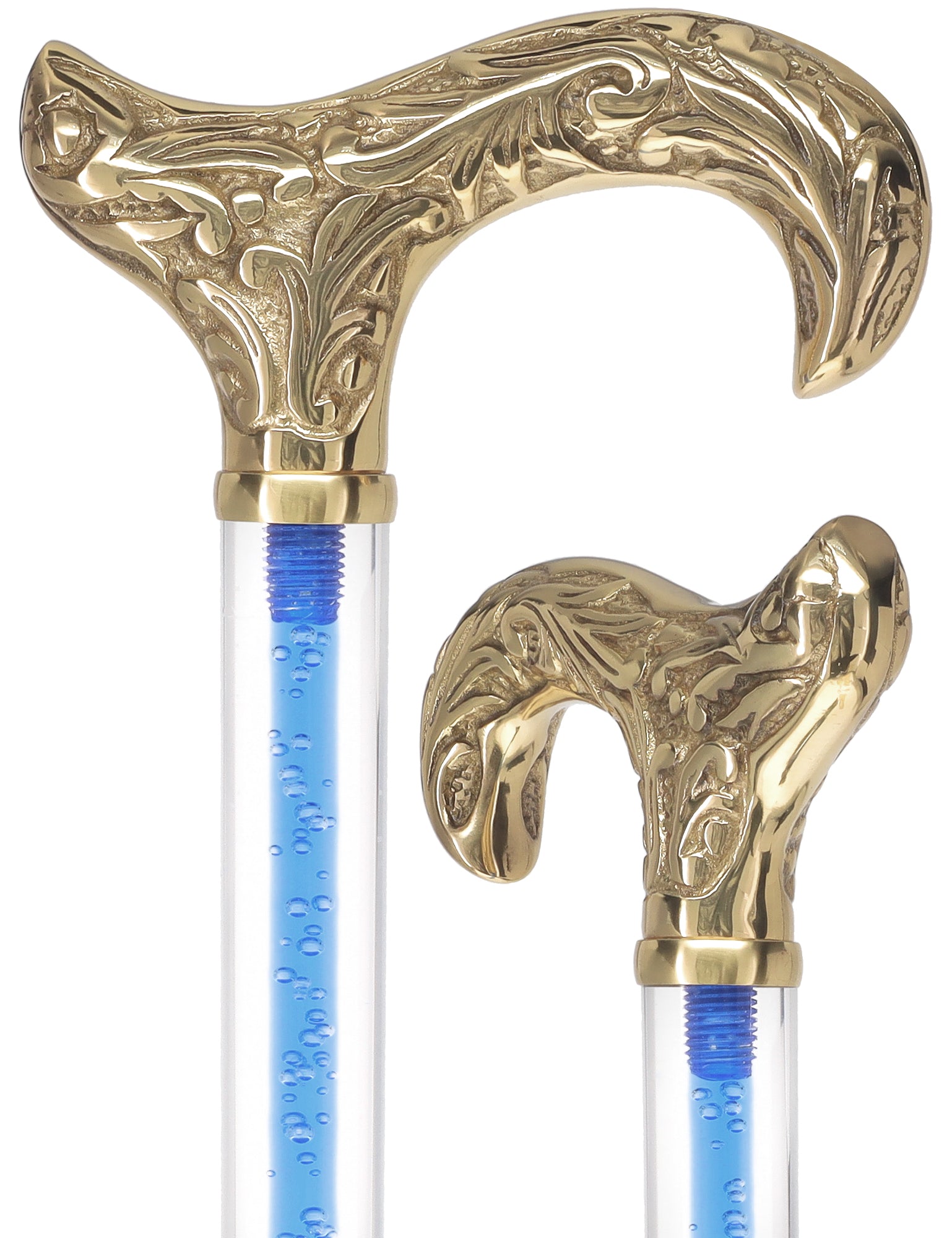 Color Crystal Elegance Brass Derby Cane with Invisible Acrylic Shaft Options Ocean Blue Bubbles Clear Lucite Walking Canes - Tophatter Daily Deals