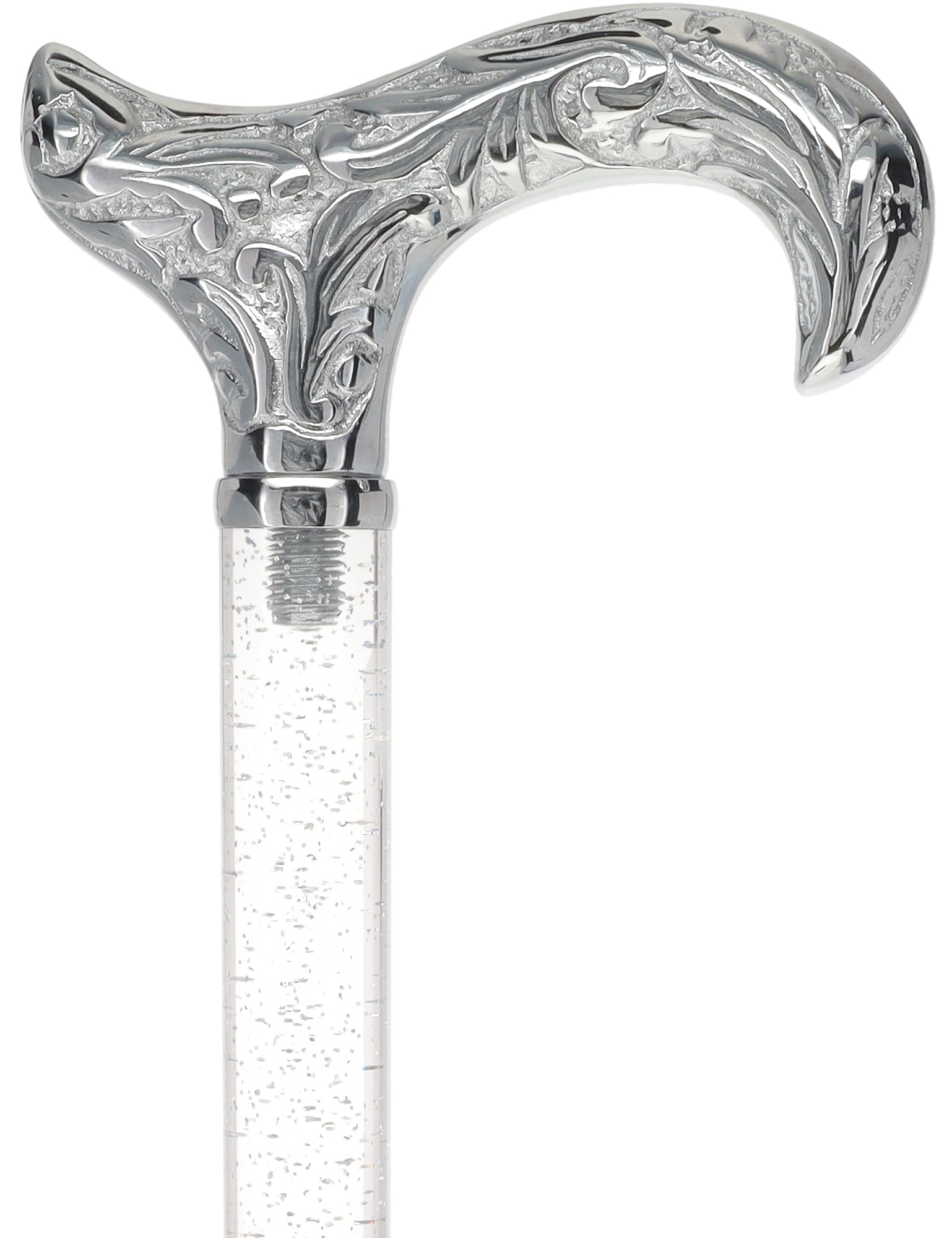 Crystal Elegance Chrome Derby Cane with Invisible Acrylic Shaft Options Silver Shimmer Sparkles Clear Lucite Walking Canes - Tophatter Daily Deals