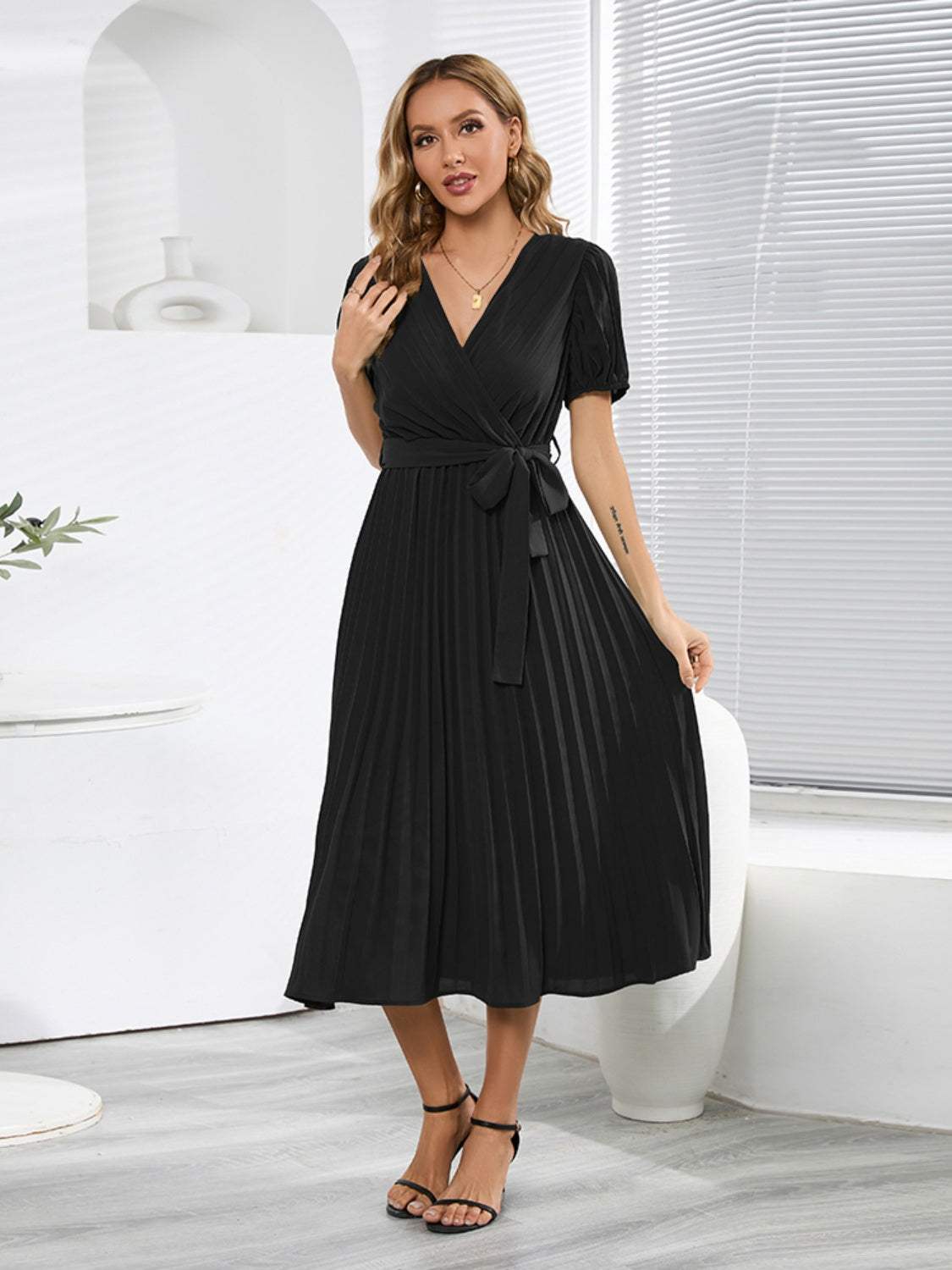 Pleated Surplice Tie Waist Midi Dress Casual Dresses - Tophatter Daily Deals