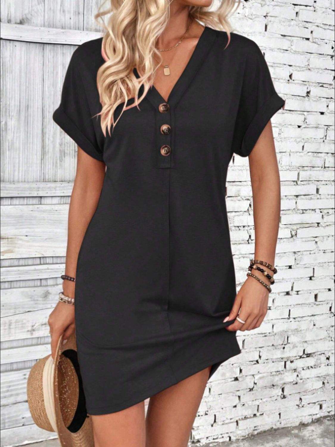 Quarter Button V-Neck Short Sleeve Dress Black Casual Dresses - Tophatter Daily Deals