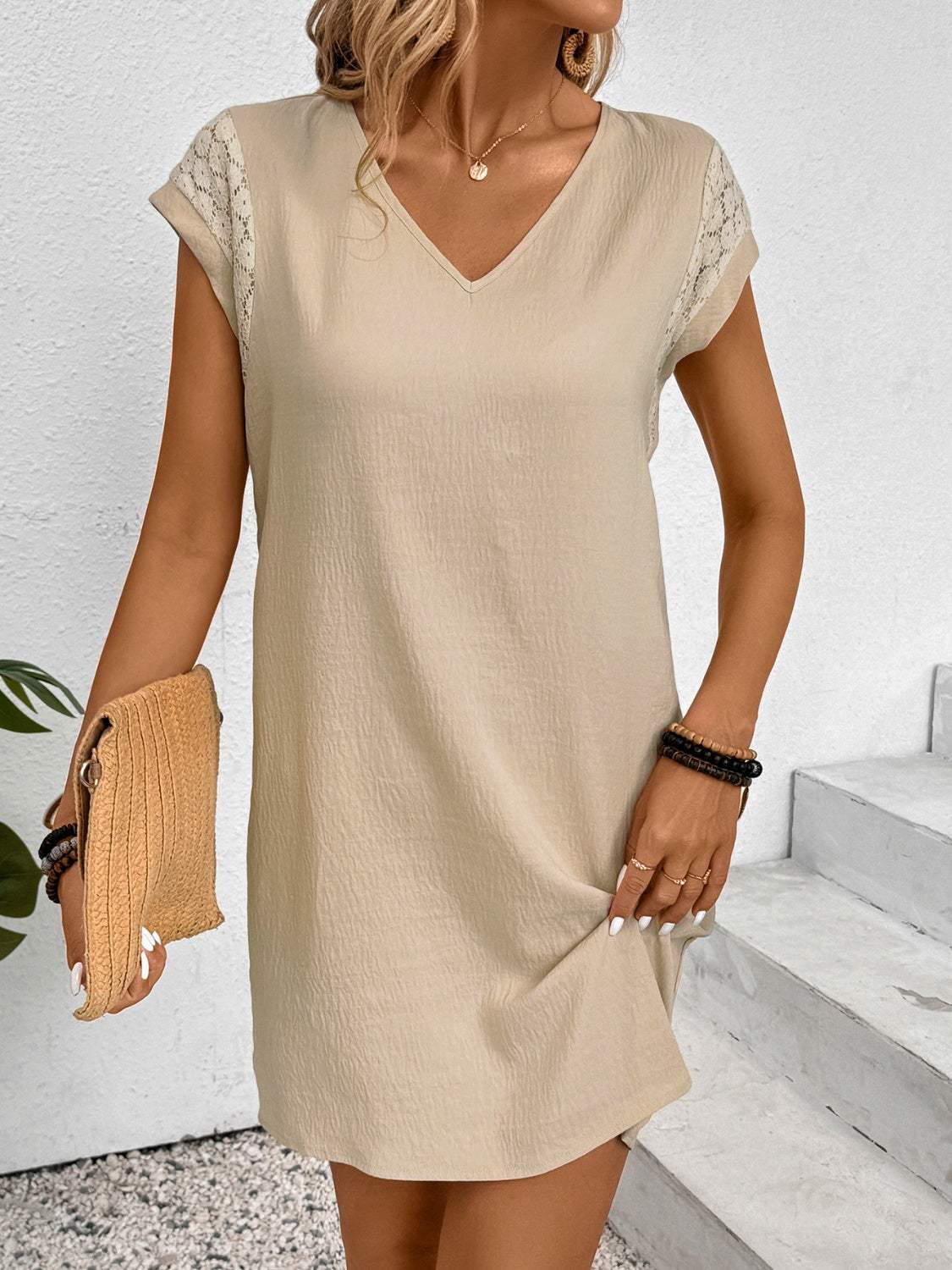 Lace Detail V-Neck Cap Sleeve Mini Dress Casual Dresses - Tophatter Daily Deals