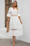 Cutout V-Neck Half Sleeve Midi Dress White Casual Dresses - Tophatter Daily Deals