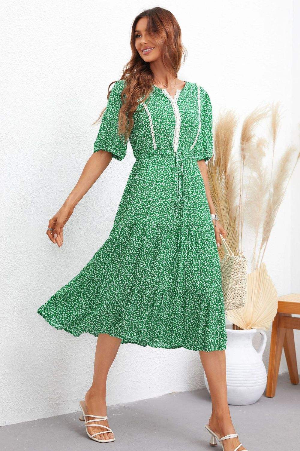 Printed Drawstring Waist Notched Neck Dress Mid Green Casual Dresses - Tophatter Daily Deals