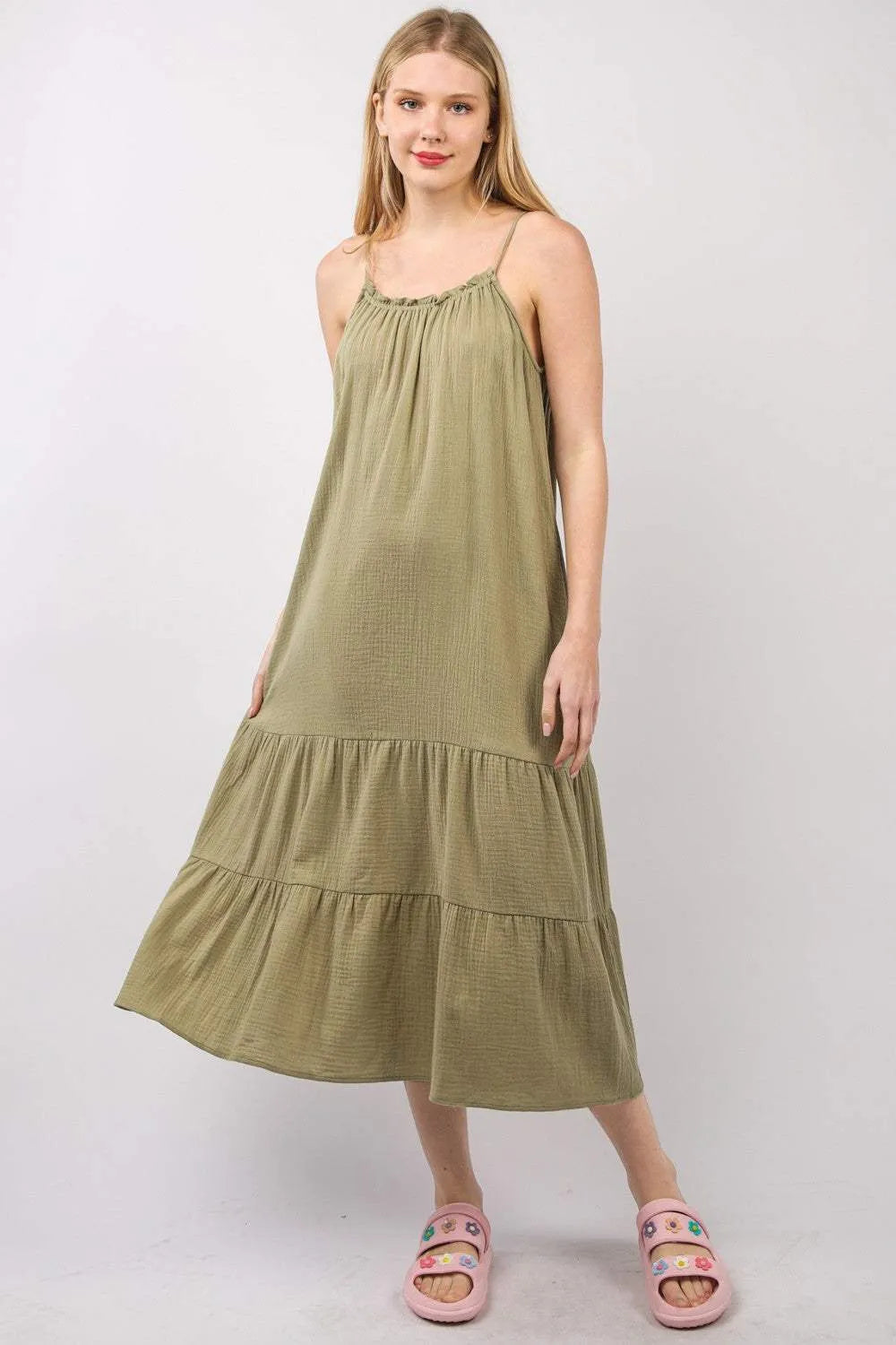 VERY J Ruffled A-Line Midi Cami Dress Earth Casual Dresses - Tophatter Daily Deals