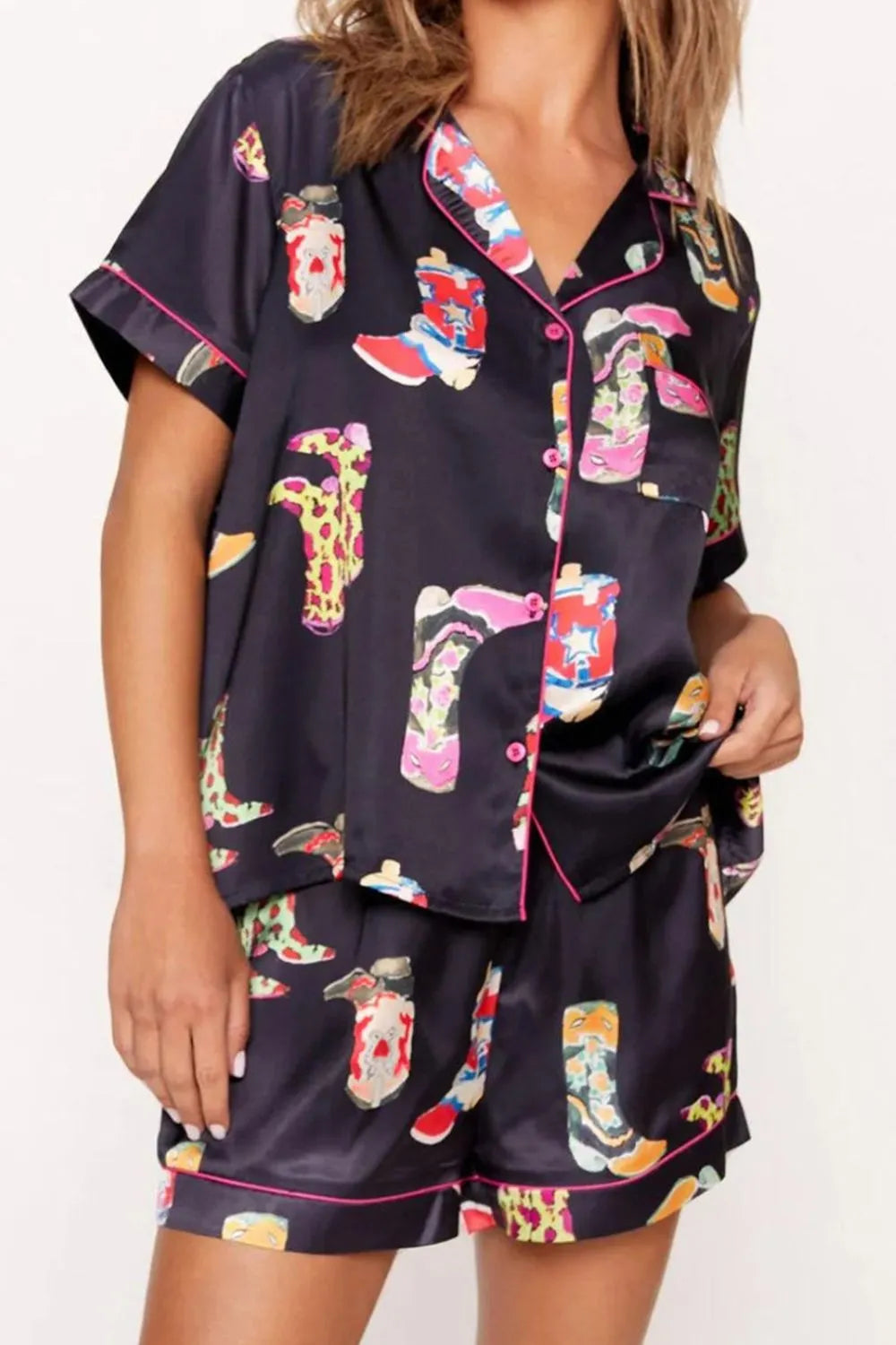 Printed Button Up Short Sleeve Top and Shorts Lounge Set Black Loungewear Sets - Tophatter Daily Deals