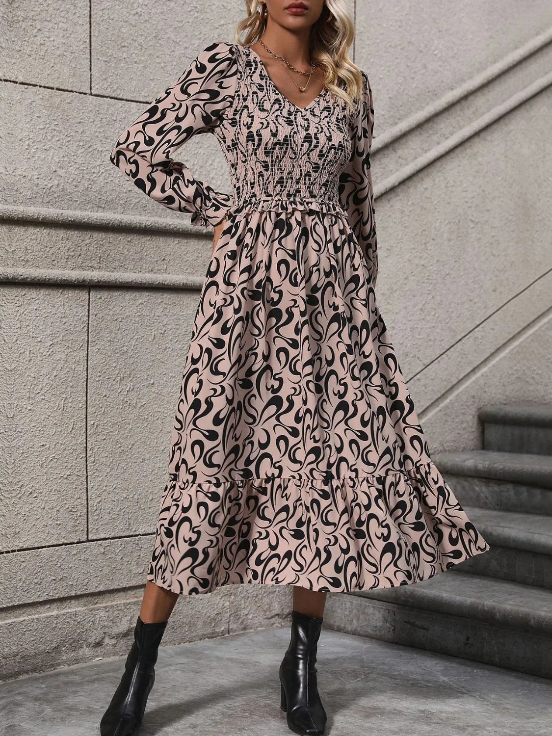 Printed V-Neck Long Sleeve Midi Dress Khaki Casual Dresses - Tophatter Daily Deals