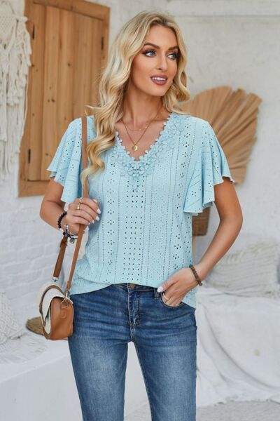 Eyelet Applique V-Neck Cap Sleeve T-Shirt Pastel Blue Women's T-Shirts - Tophatter Daily Deals