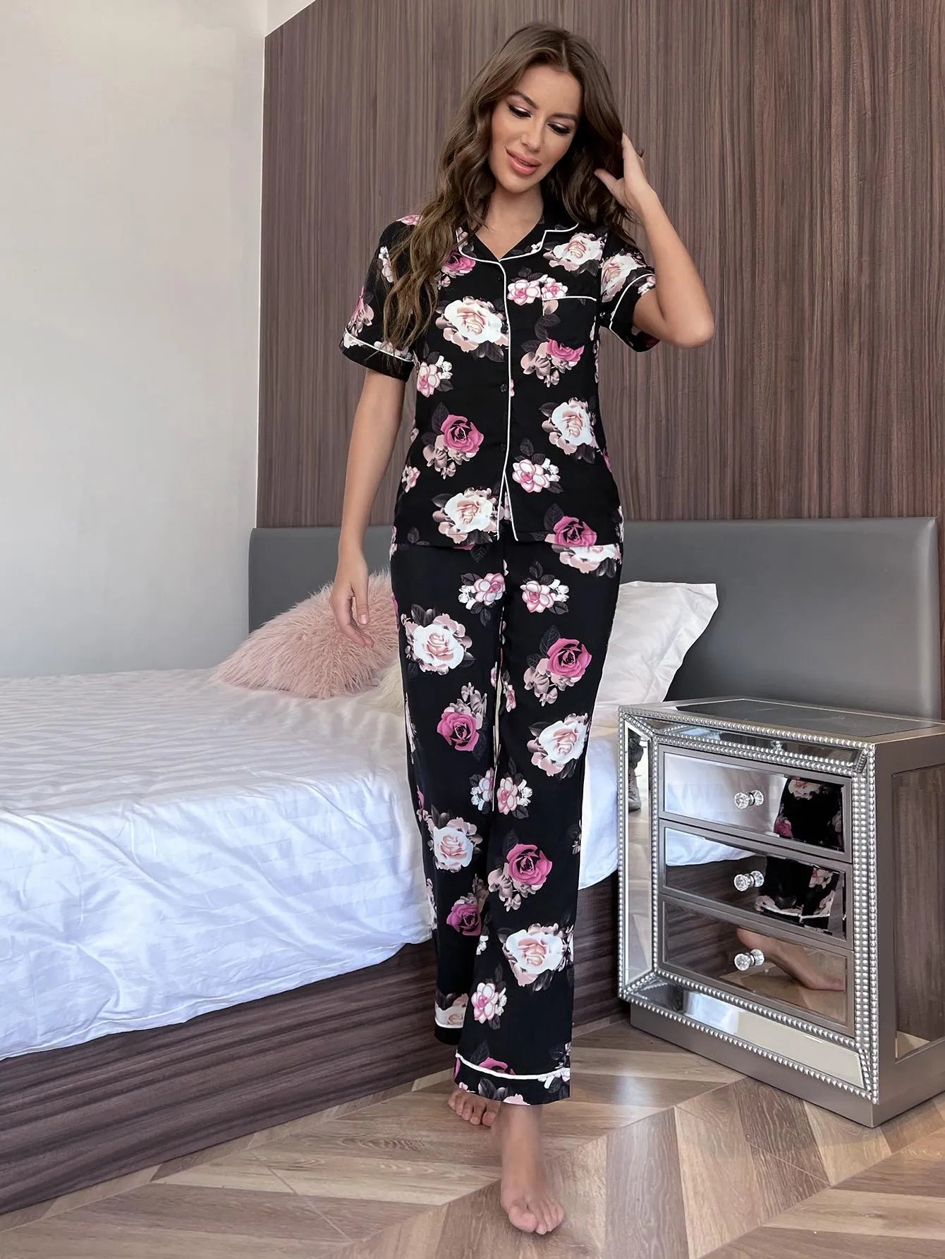 Floral Short Sleeve Shirt and Pants Lounge Set Loungewear Sets - Tophatter Daily Deals