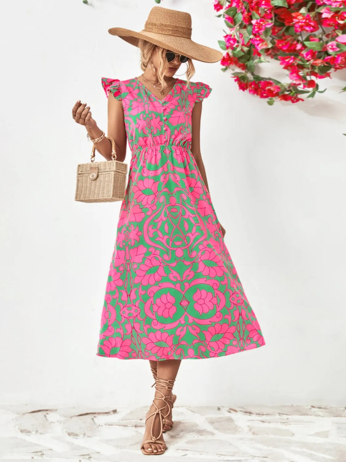 Printed V-Neck Cap Sleeve Dress Green Casual Dresses - Tophatter Daily Deals