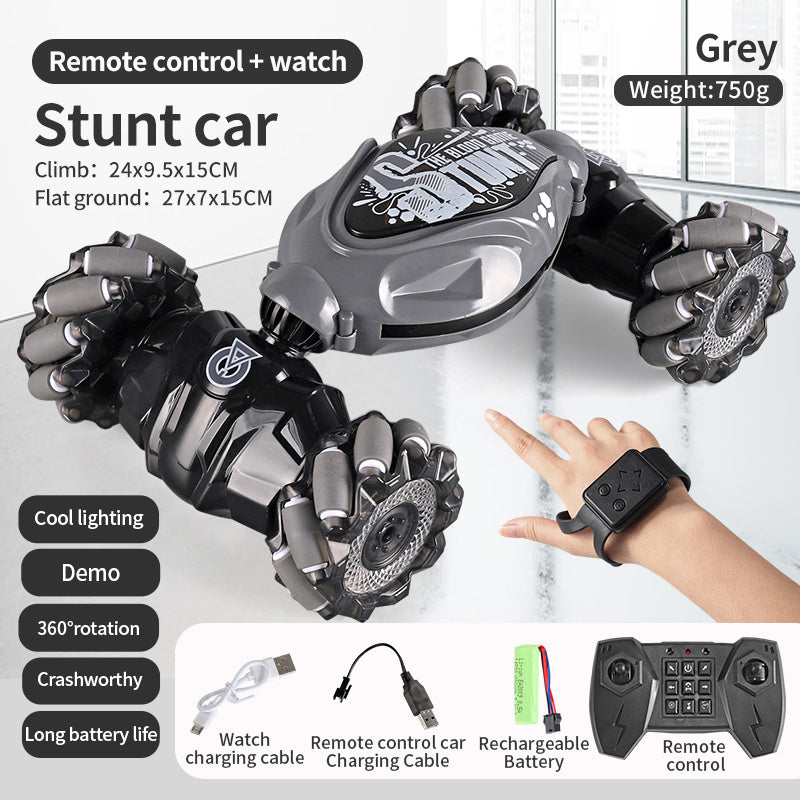 4WD RC Off Road Stunt Wheels Drift Car With Music Led Lights 2.4G Gesture Remote Control Spray 360 Rotating Climbing Car Toys Blue 4 - Tophatter Daily Deals