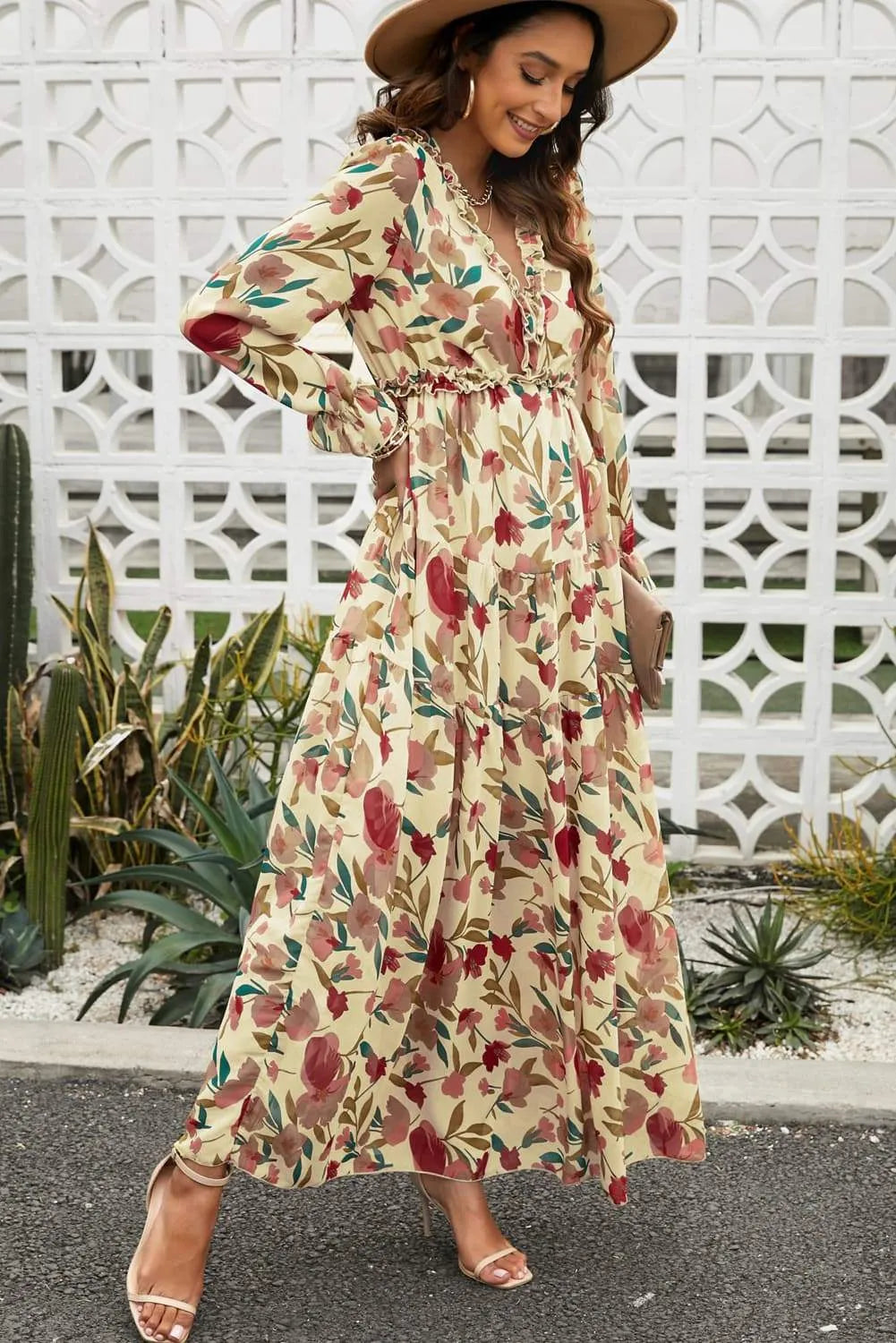 Floral Frill Trim Flounce Sleeve Plunge Maxi Dress Casual Dresses - Tophatter Daily Deals