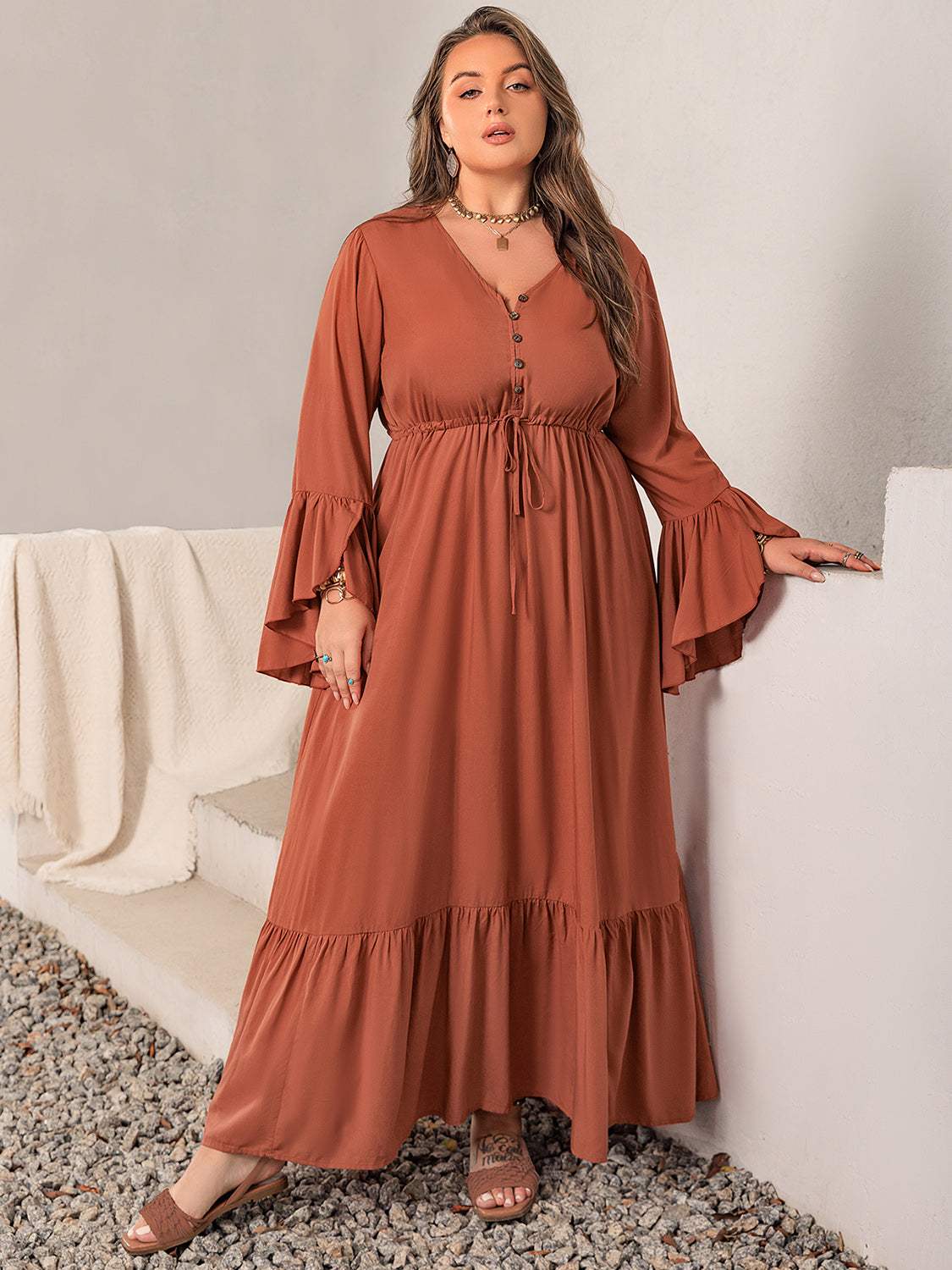 Plus Size V-Neck Flare Sleeve Maxi Dress Casual Dresses - Tophatter Daily Deals