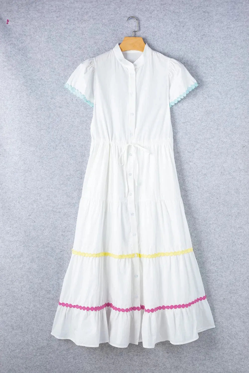 Contrast Trim Button Up Short Sleeve Dress Casual Dresses - Tophatter Daily Deals