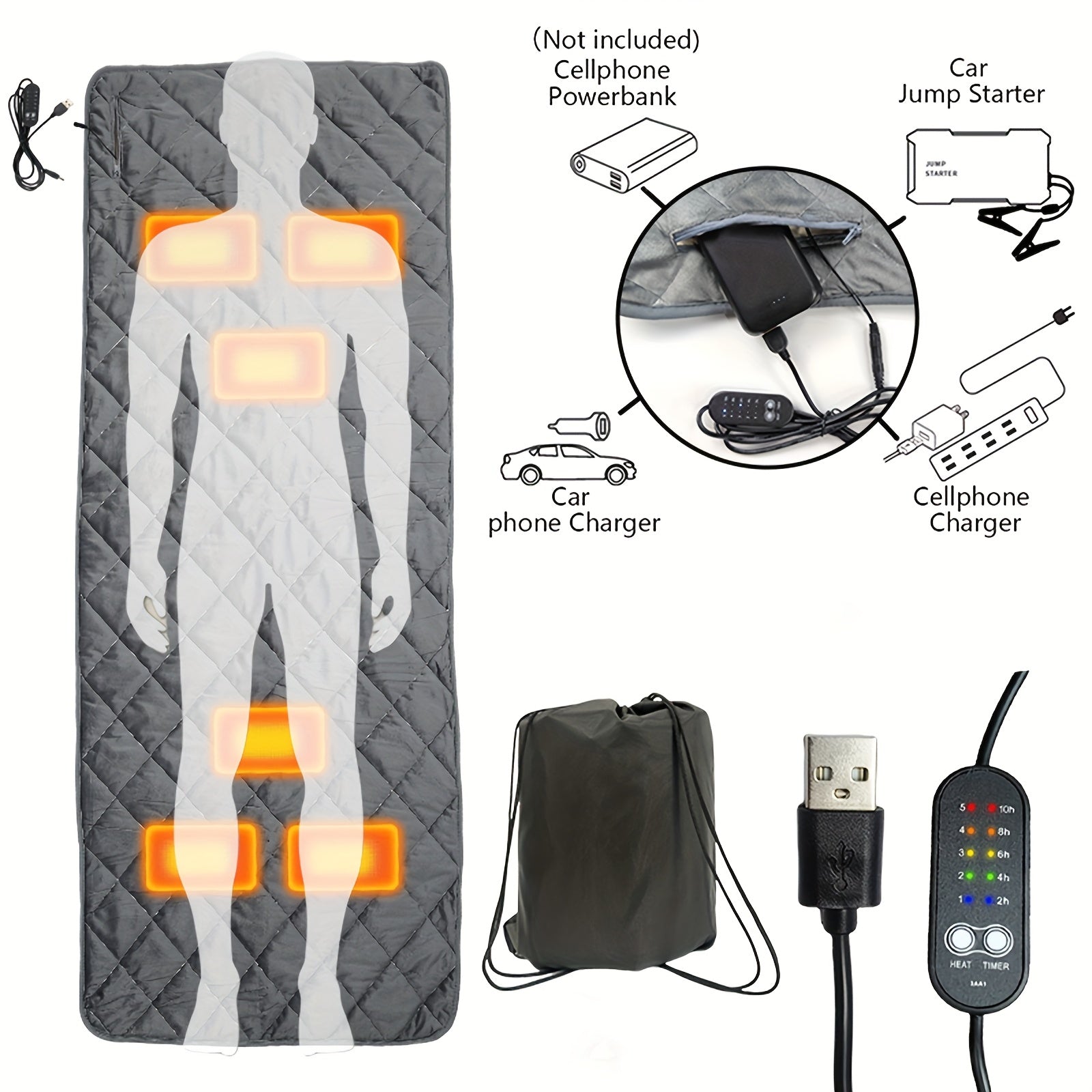 USB Heated Sleeping Bag Pad 5-Level Adjustable Outdoor Recreation > Camping > Sleeping Bags - Tophatter Daily Deals