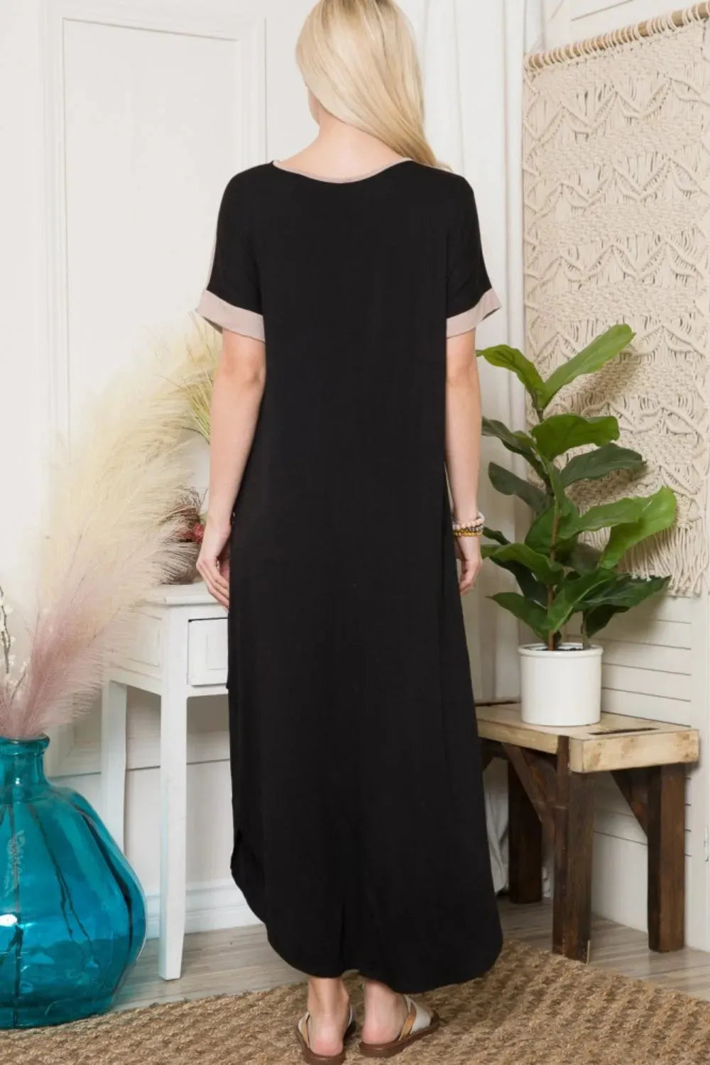 Celeste Full Size Leopard Color Block Short Sleeve Slit Maxi Dress with Pockets Casual Dresses - Tophatter Daily Deals