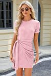 Tied Round Neck Short Sleeve Mini Dress Blush Pink Casual Dresses - Tophatter Daily Deals