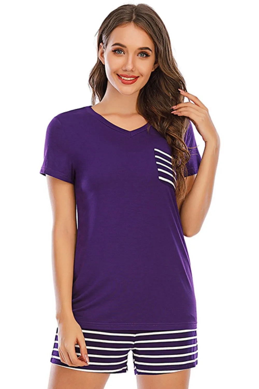 Striped Short Sleeve Top and Shorts Lounge Set Violet Loungewear Sets Apparel & Accessories Fast Shipping Free Shipping H#Y HOT DEALS HOME PAGE Lingerie Lingerie Sleepwear Loungewear Loungewear Sets New Deals sexy lingerie Ship From Overseas Ship from USA USA USA STOCK - Tophatter Daily Deals And Savings