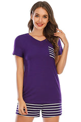 Striped Short Sleeve Top and Shorts Lounge Set Loungewear Sets - Tophatter Daily Deals
