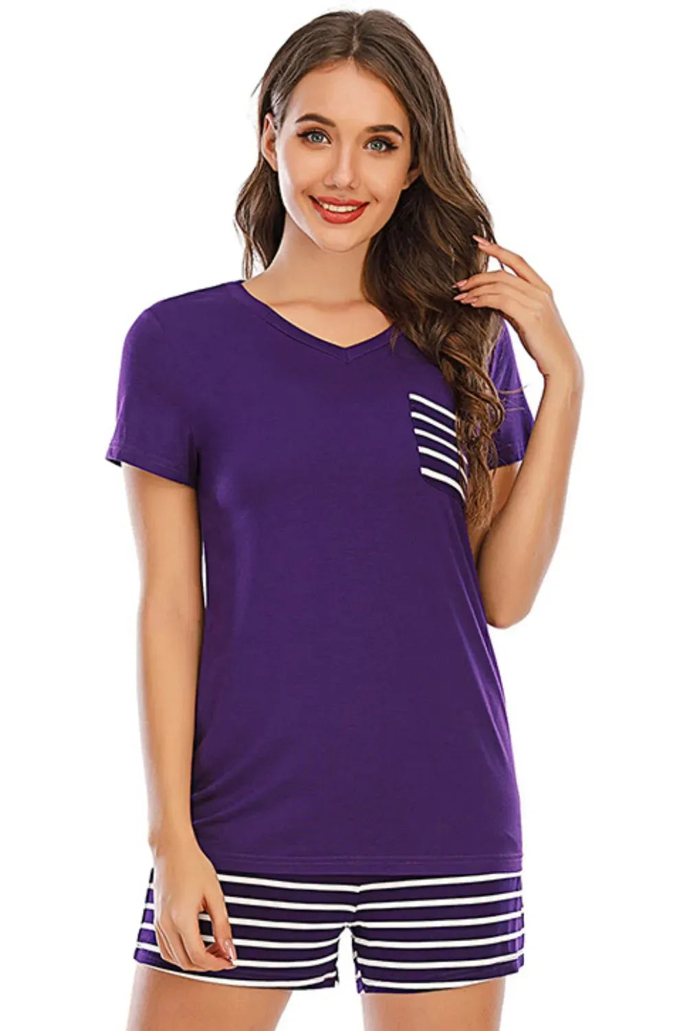 Striped Short Sleeve Top and Shorts Lounge Set Loungewear Sets - Tophatter Daily Deals