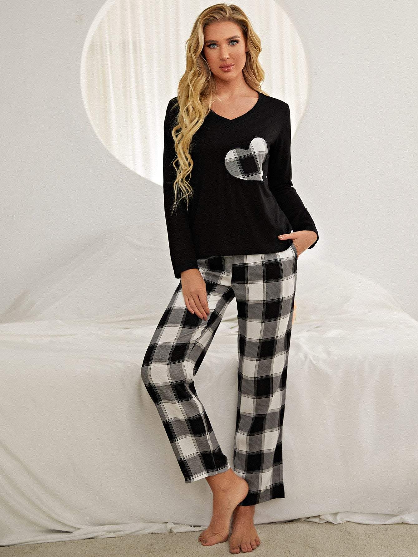 Plaid Heart Top and Pants Lounge Set Black White Loungewear Sets - Tophatter Daily Deals