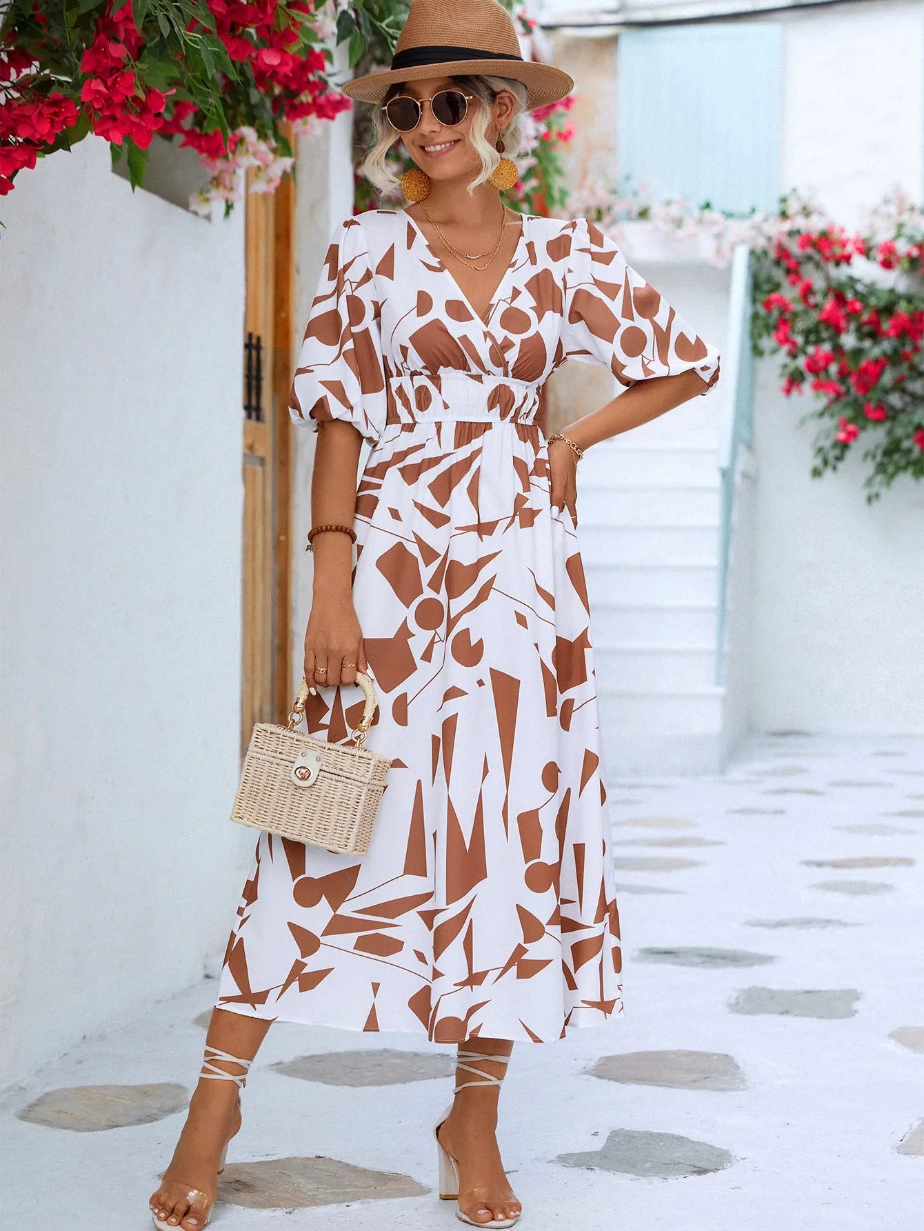 Printed Surplice Balloon Sleeve Dress Casual Dresses - Tophatter Daily Deals