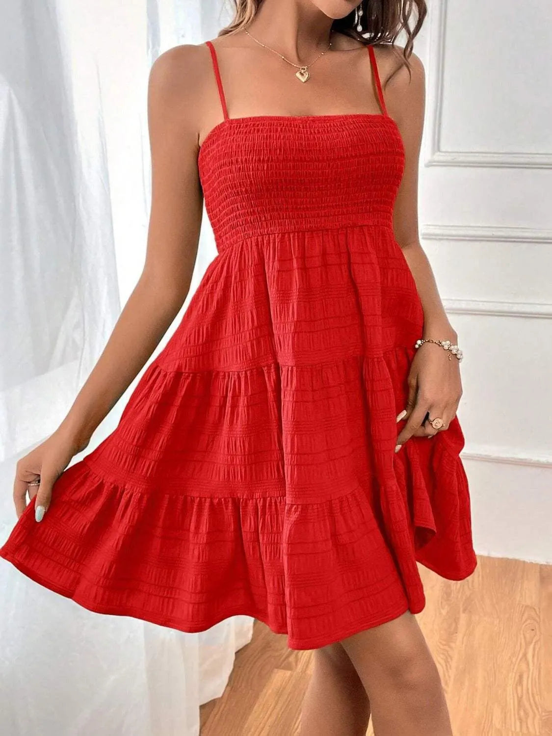 Tiered Smocked Square Neck Cami Dress Deep Red Casual Dresses - Tophatter Daily Deals