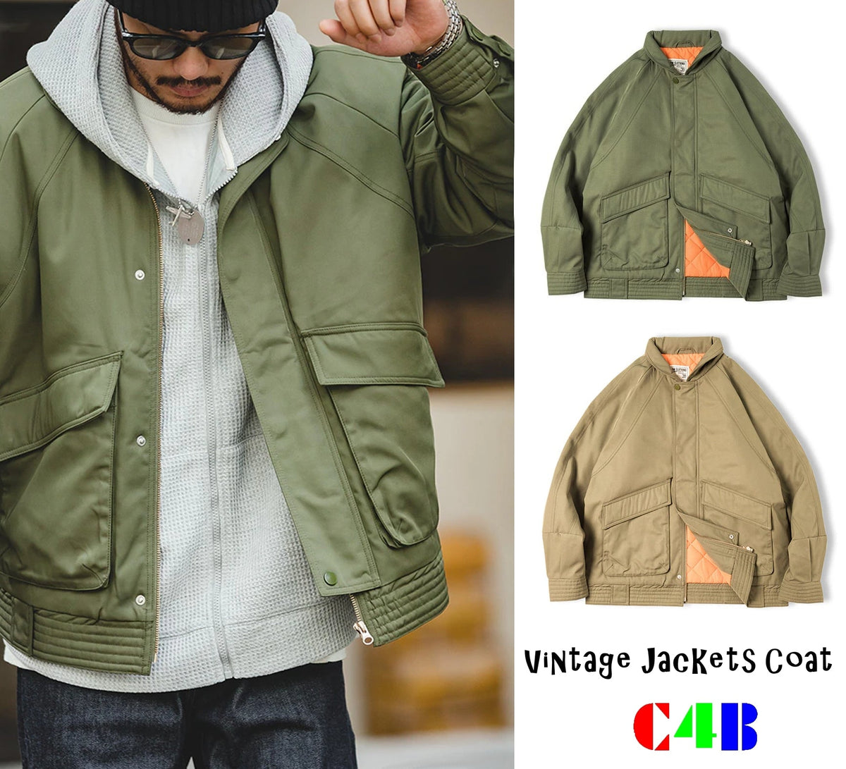 Vintage Bomber Jacket Thickened Warm Cotton Pocket Coats Men's Clothing - Tophatter Daily Deals