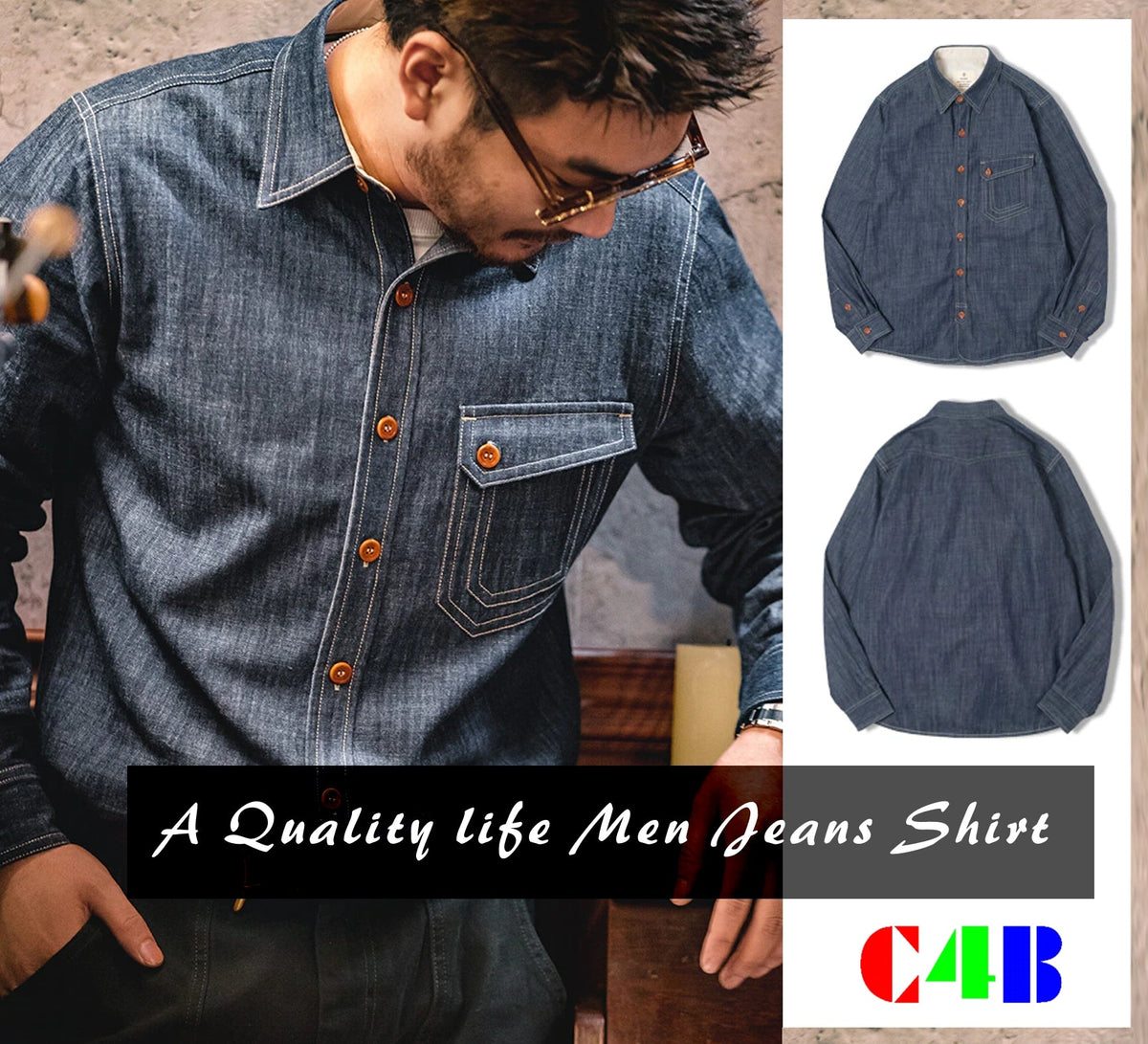 Men Jeans Indigo Washed Solid Work Shirt Men's Clothing - Tophatter Daily Deals