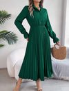 Pleated Half Button Long Sleeve Midi Dress Dark Green Casual Dresses - Tophatter Daily Deals