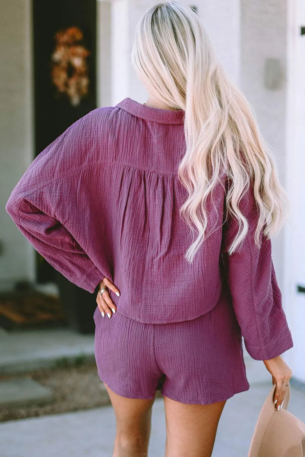 Buttoned Long Sleeve Top and Shorts Set Loungewear Sets - Tophatter Daily Deals
