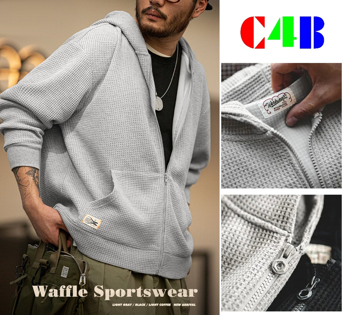 Vintage Gray Waffle Hoodies for Men Hooded Sweatshirts Men Jackets - Tophatter Daily Deals