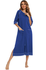 Zip Up Slit Round Neck Night Dress with Pockets Sleep Dresses - Tophatter Daily Deals