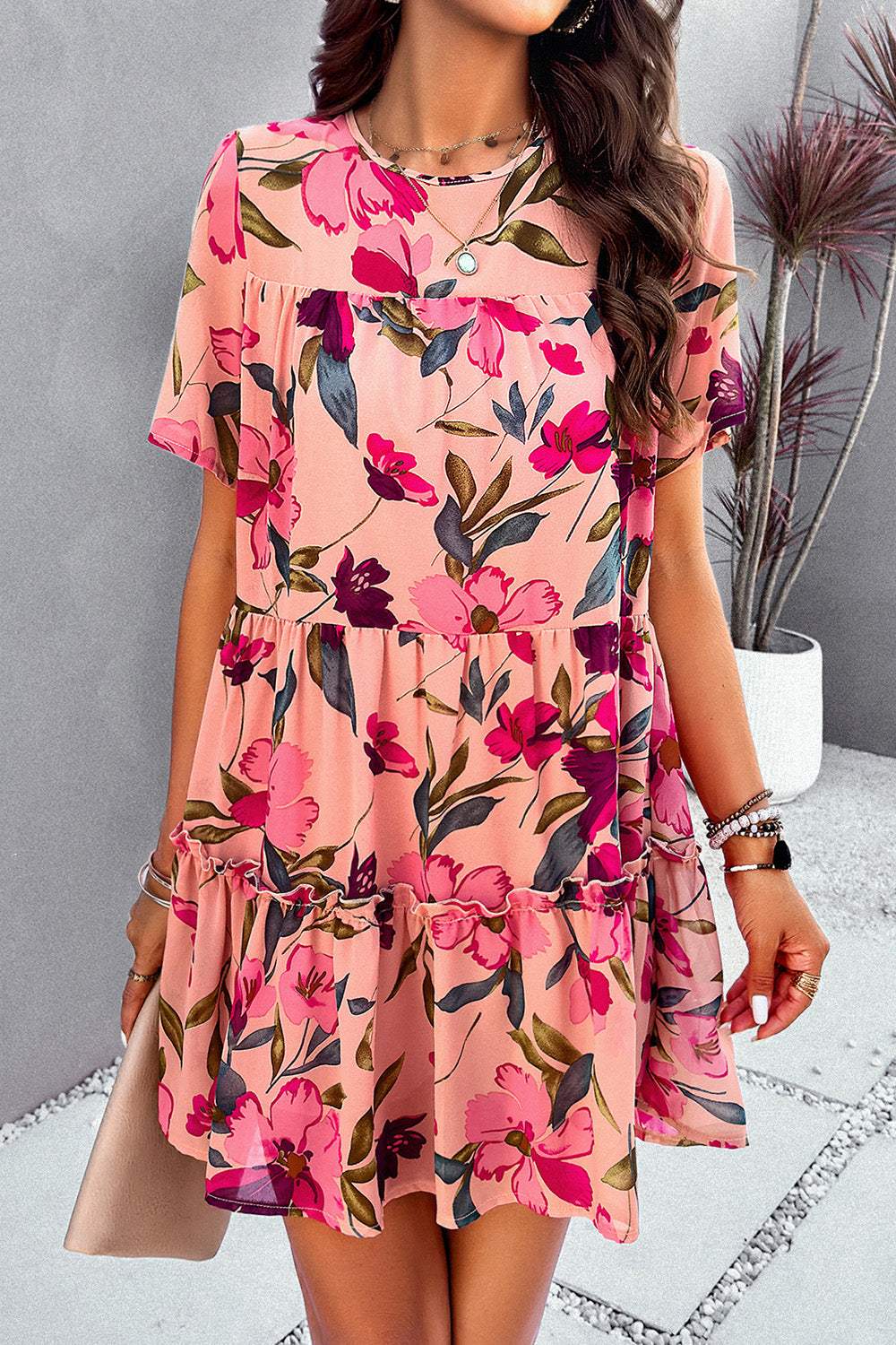 Printed Tiered Round Neck Mini Dress Casual Dresses - Tophatter Daily Deals