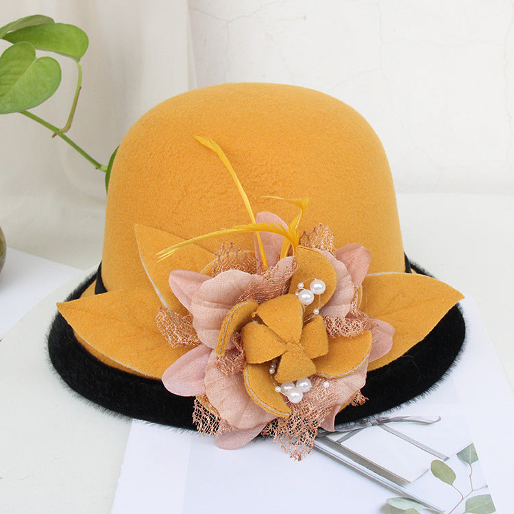 Black Brim Woolen British Feather Flower Top Hat Yellow Adjustable 0 - Tophatter Daily Deals