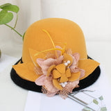 Black Brim Woolen British Feather Flower Top Hat Yellow Adjustable 0 - Tophatter Daily Deals