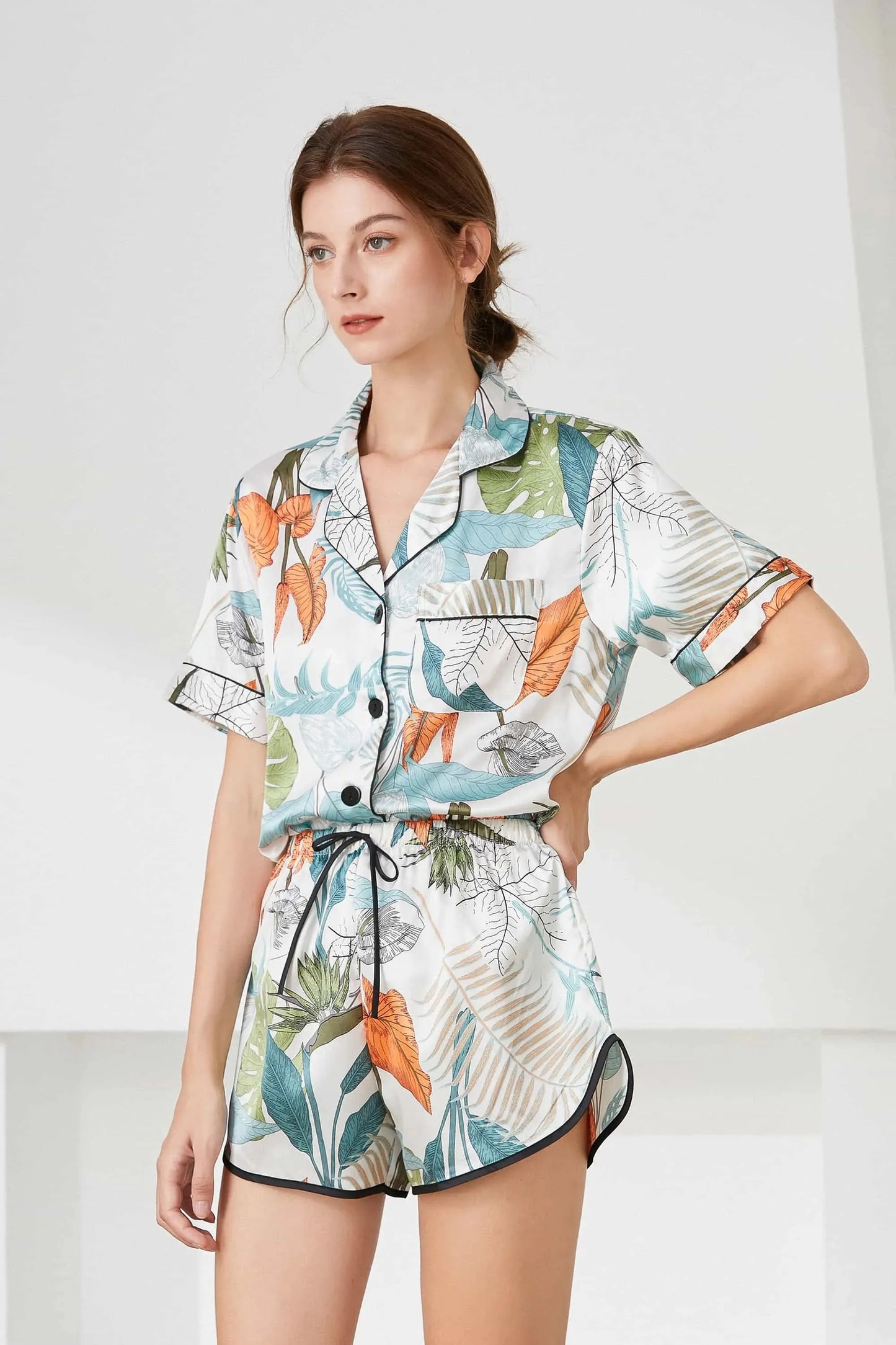 Lapel Collar Shirt and Shorts Lounge Set Multicolor Loungewear Sets - Tophatter Daily Deals