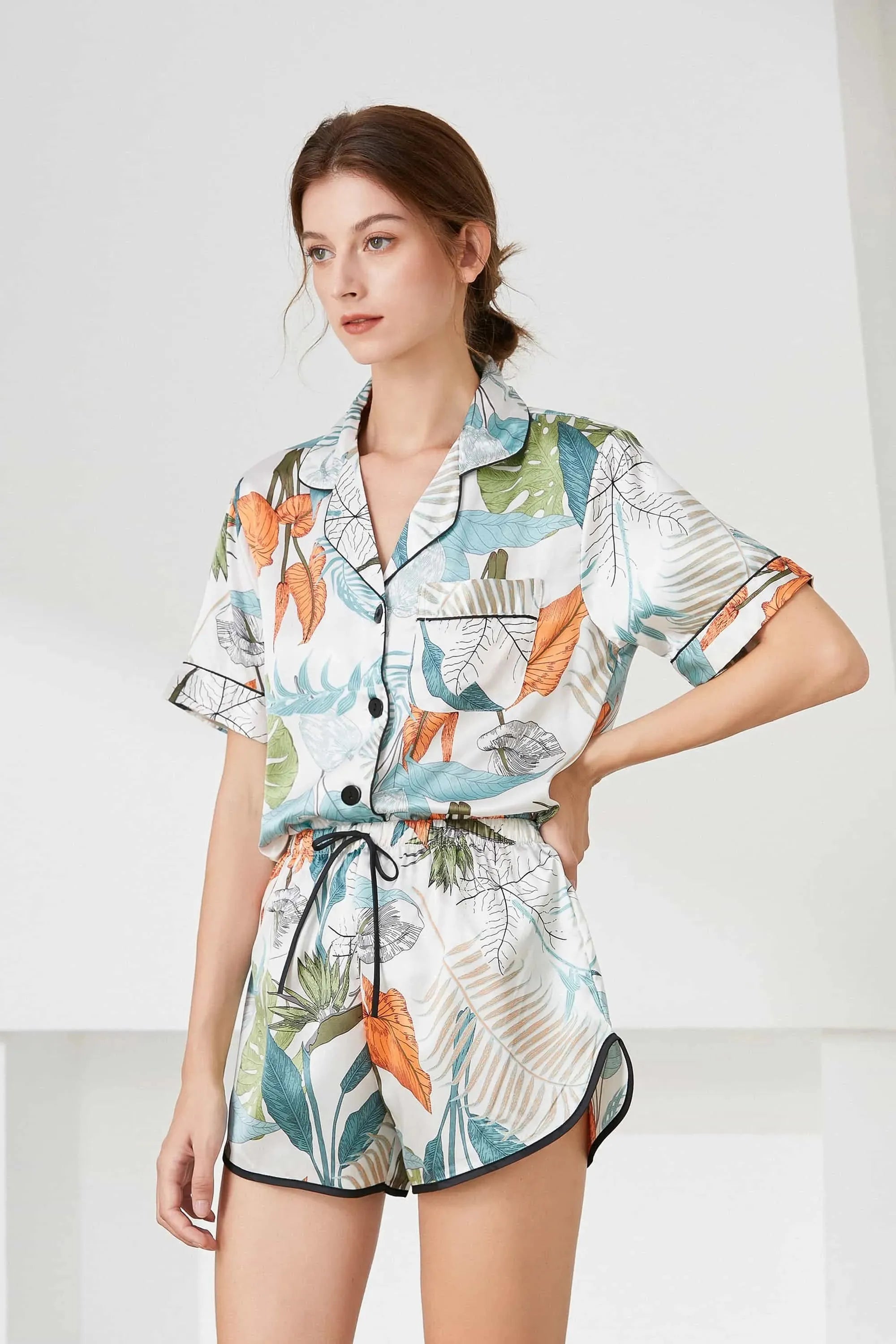 Lapel Collar Shirt and Shorts Lounge Set Multicolor Loungewear Sets - Tophatter Daily Deals