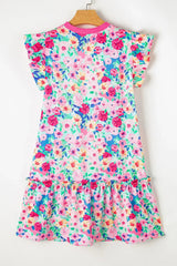 Ruffled Printed Round Neck Cap Sleeve Mini Dress Casual Dresses - Tophatter Daily Deals