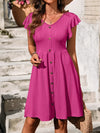 Decorative Button Ruffled V-Neck Dress Deep Rose Casual Dresses - Tophatter Daily Deals