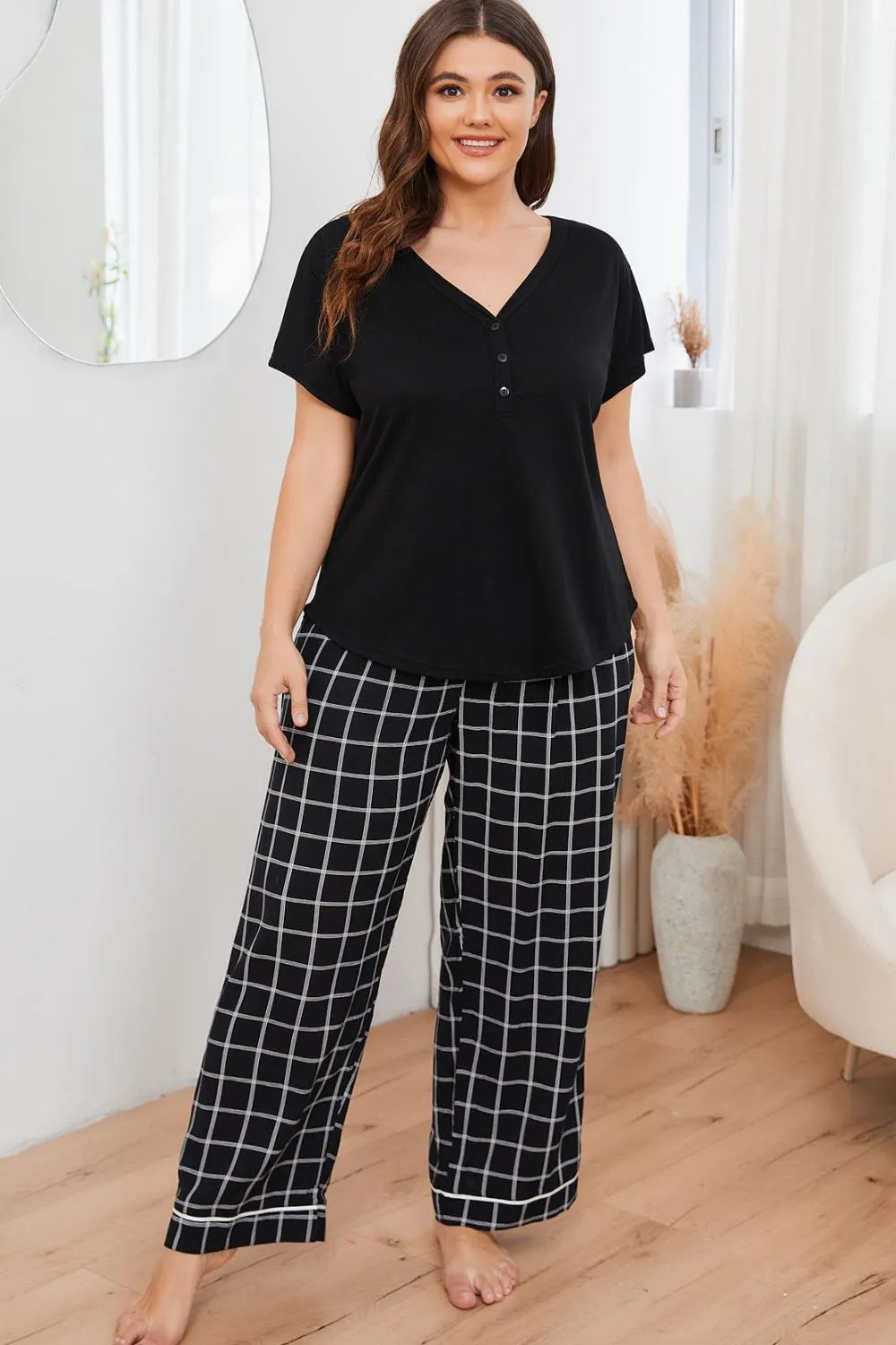 Plus Size V-Neck Top and Plaid Pants Lounge Set Loungewear Sets - Tophatter Daily Deals