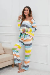 Striped Round Neck Long Sleeve Top and Drawstring Pants Lounge Set Loungewear Sets - Tophatter Daily Deals