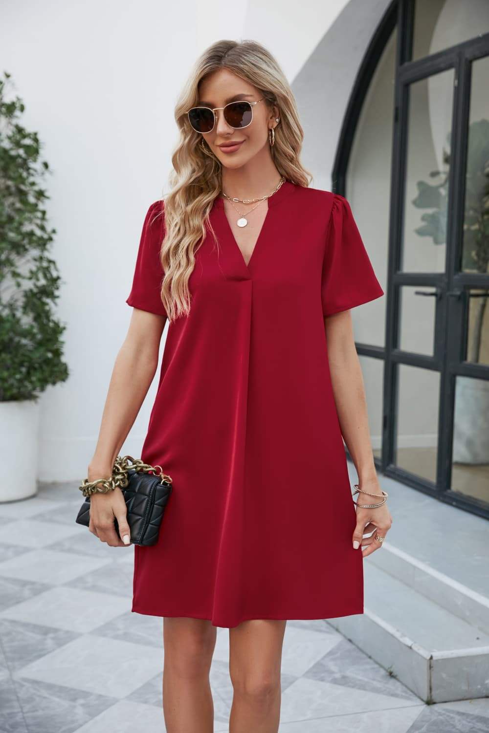 Notched Puff Sleeve Shift Dress Deep Red Casual Dresses - Tophatter Daily Deals