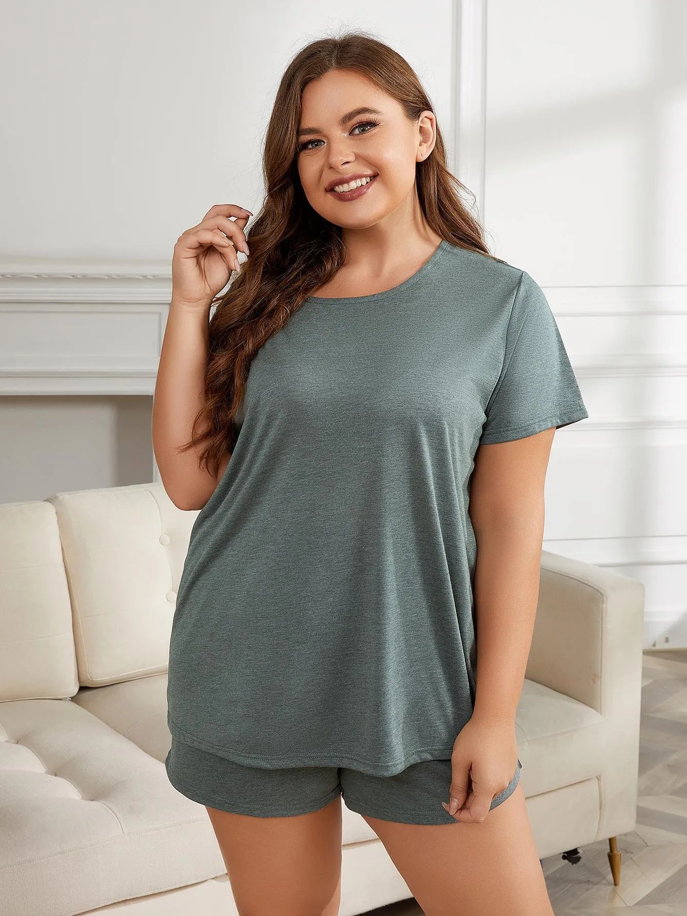 Plus Size Round Neck Short Sleeve Two-Piece Loungewear Set Sage Loungewear Sets - Tophatter Daily Deals