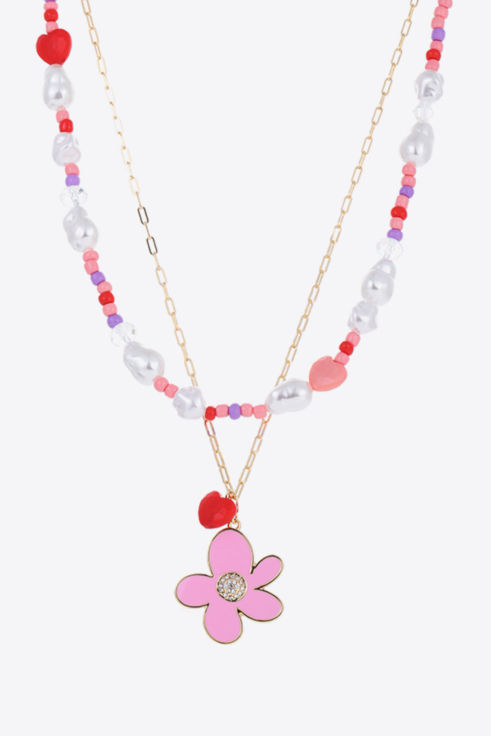 Flower and Heart Pendant Layered Necklace Floral One Size Necklaces - Tophatter Daily Deals