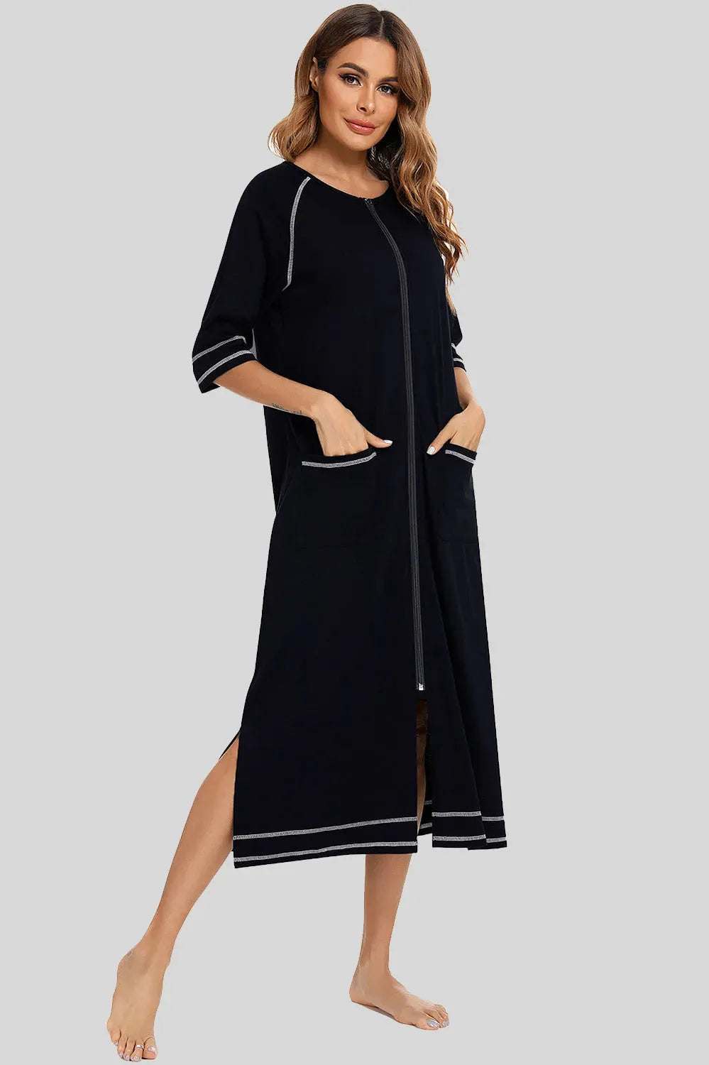 Zip Up Slit Round Neck Night Dress with Pockets Black Sleep Dresses - Tophatter Daily Deals