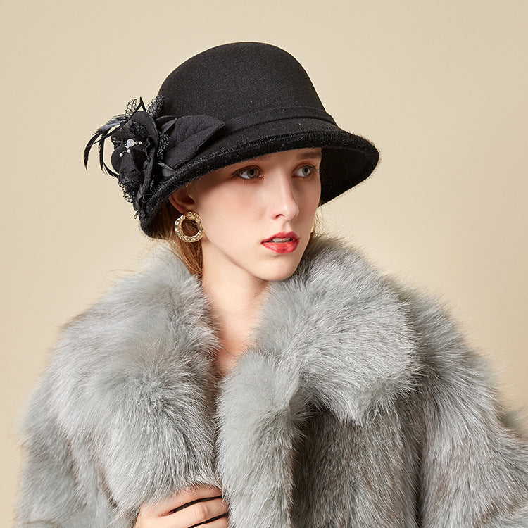 Black Brim Woolen British Feather Flower Top Hat 0 - Tophatter Daily Deals